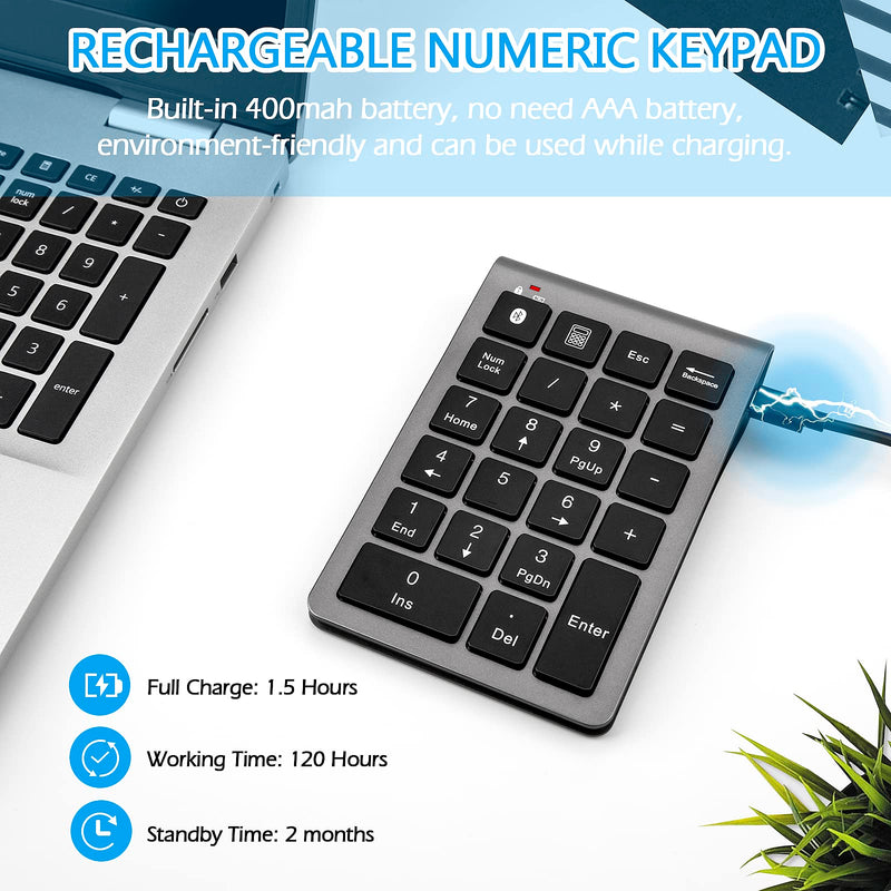 Foloda Wireless Bluetooth Number Pad: 22 Keys Wired Numeric Keypad, Rechargeable Financial Accounting 10 Keys Number Extensions USB-C Numpad for MacBook Pro Air, Laptop Desktop PC, Surface Pro Grey