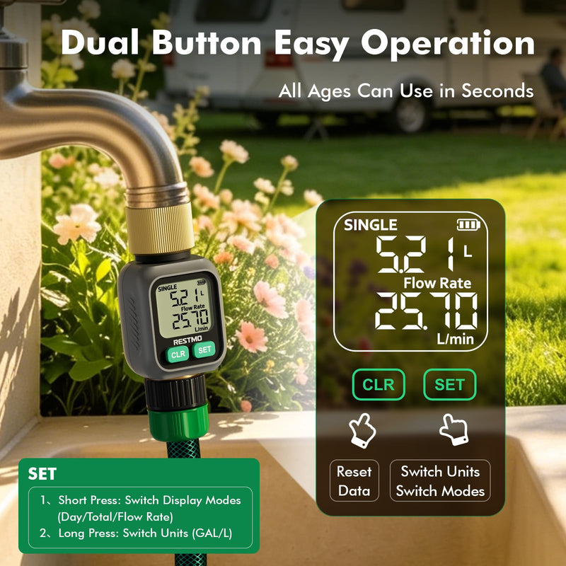RESTMO Water Flow Meter with Dual Zone Display Screen, Brass Inlet & Outlet Water Meter, ±4% Accuracy, Measure Gallon/Liter Consumption and Flow Rate for RV, Garden Hose, Sprinkler & Nozzle Sprayer 1