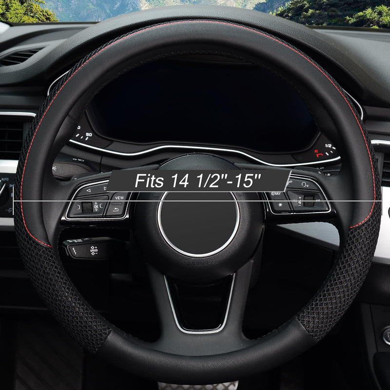 KAFEEK Steering Wheel Cover, Universal 15 inch, Microfiber Leather Viscose, Breathable, Anti-Slip,Warm in Winter and Cool in Summer, Black Standard size[14 1/2''-15'']