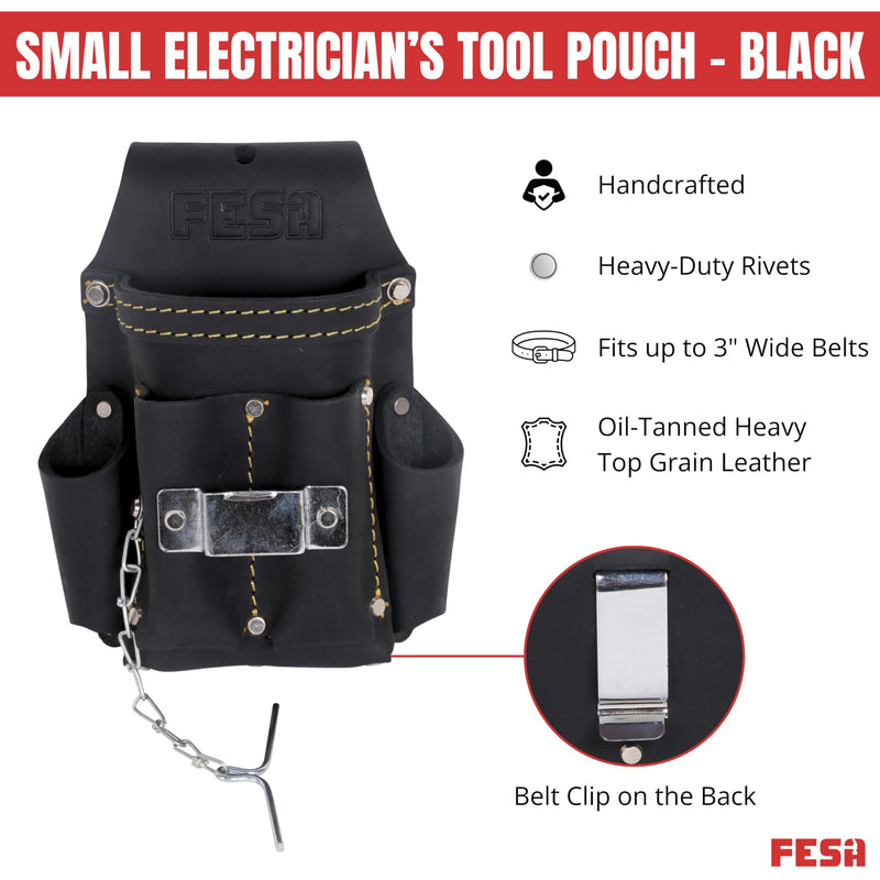 FESA Small Electrician's Tool Pouch - Leather 7-in-1 Small Tool Pouch with Steel Tape Measure or Drill Clip, Tape T-Chain & 5 Pockets - Clip On Any Belt - Handcrafted Black