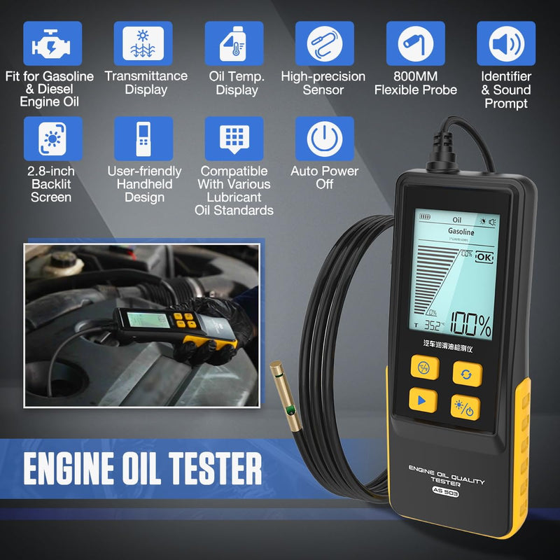Engine Oil Tester Gasoline & Diesel Engine Oil Quality Tester Analyzer Detector High-precision Car Engine Oil Diagnostic Tool with 800MM Flexible Probe,Identifier&Sound Prompt, 2.8in Backlight Display