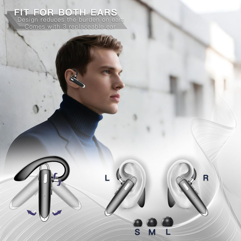 Bluetooth Headset V6.1 with 90Hrs Talk Time & 500mAh Charging Case, CVC 8.0 ENC Noise Cancelling Mic – Wireless Earpiece Single Ear Hands-Free Headphones for Office Trucker Driving Business - Black