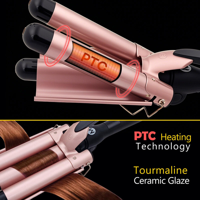 3 Barrel Hair Curler, 25mm Ceramic Tourmaline Hair Curling Iron Waver Wand with LCD Temperature Display, Fast Heating Foldable Crimpers for Travel (Gold) Gold