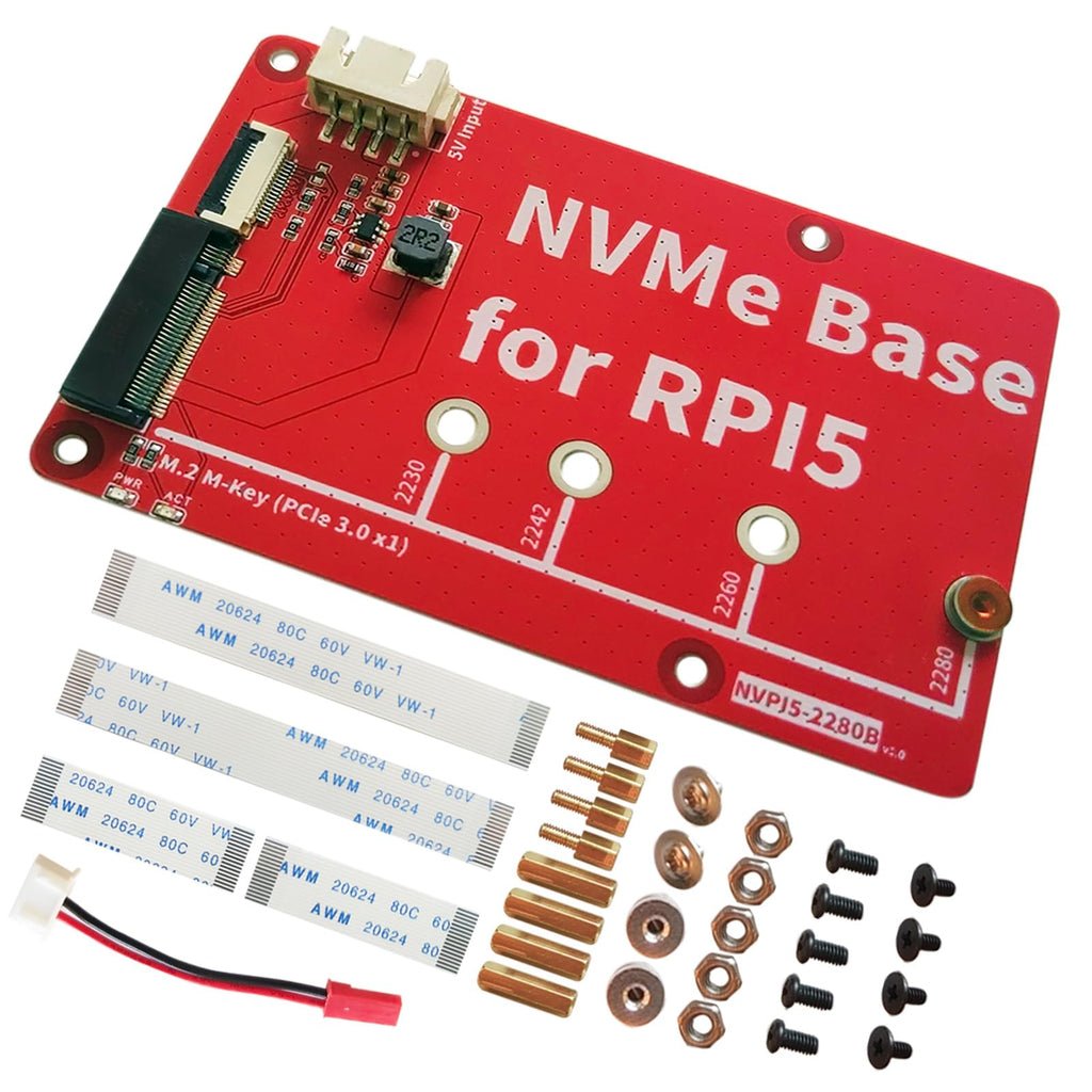 Nvme Base for Raspberry Pi 5, PCIe to M.2 SSD HAT M-Key NVMe Base Peripheral Board for Raspberry Pi 5, Compatible M.2 SSD 2230 2242 2260 2280, Support PCIe Gen2 Gen3