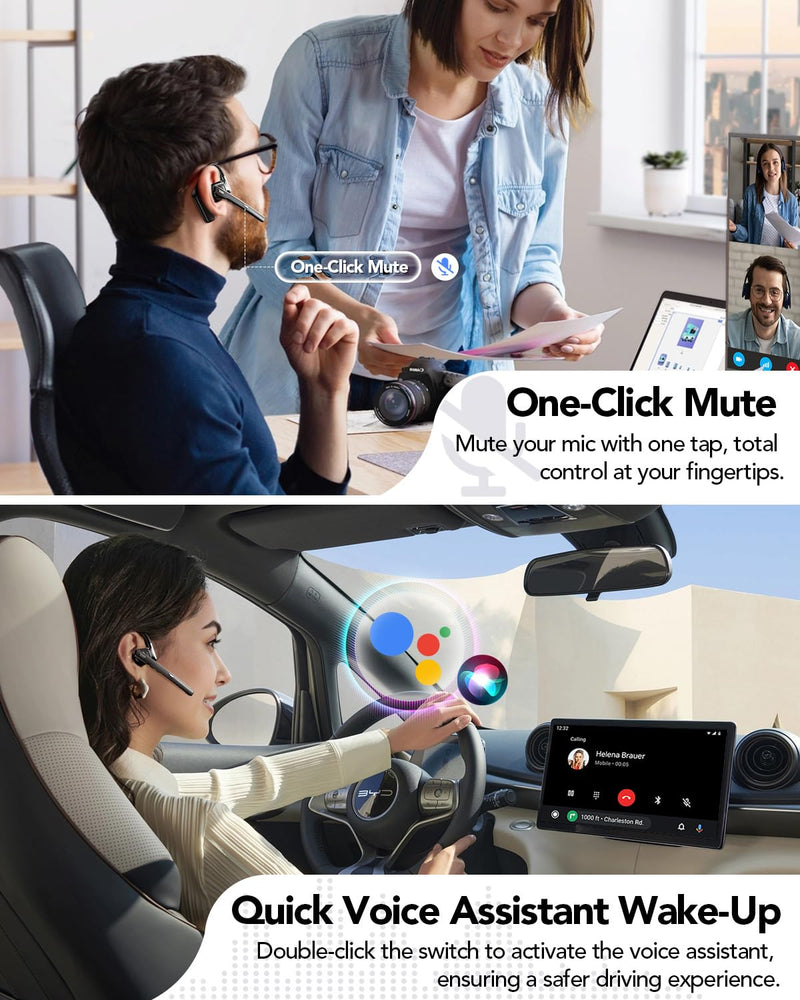 Bluetooth 6.0 Open-Ear Headset with Noise-Canceling Microphone | 96-Hour Talk Time, 950mAh Charging Case and Mute Button for Truckers, Work, iOS, Android and Laptops Black