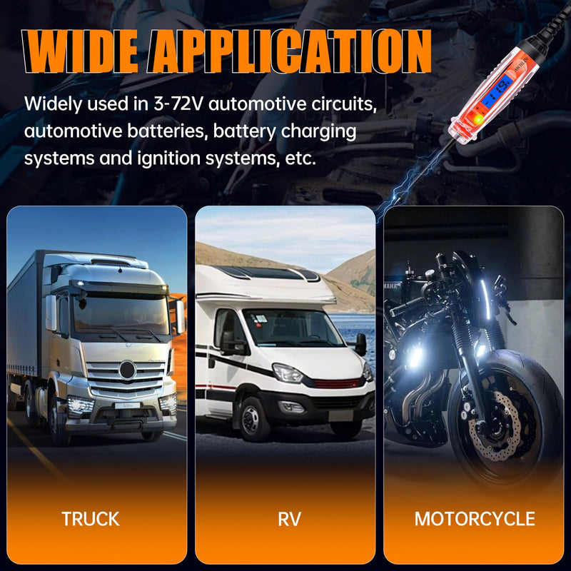 Automotive Test Light 3-72V DC Digital Light Tester with Voltmeter, Heavy Duty Auto Circuit Tester with LCD Backlight Display and LED Indication, Electric Test Pen with Illumination