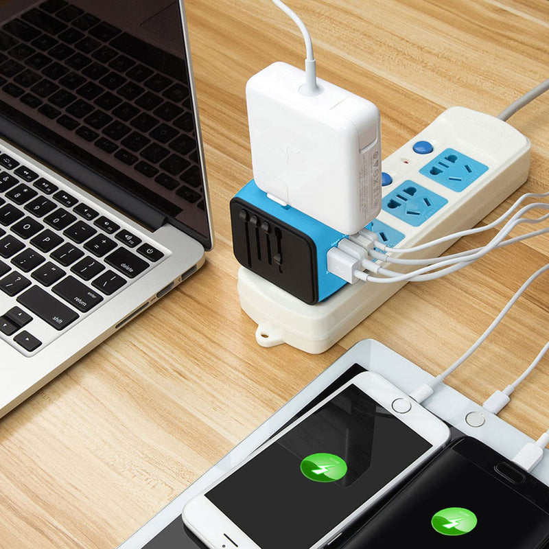 Travel Adapter Worldwide, Universal International Power Plug Adapter W/2.4A 3xUSB-A and 3.0A Type-C Wall Charger, European Travel Plug Adapter for Europe UK EU US CA AU Italy Asia-Blue 3A+1C ( Blue )