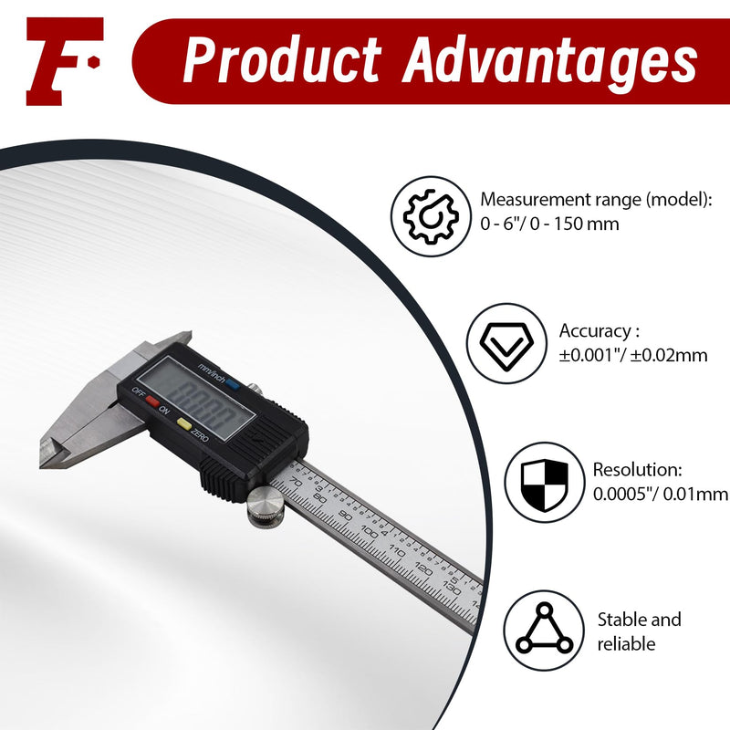 findmall Electronic Digital Caliper Stainless Steel Body with Large LCD Screen 0-6 Inches Inch/Millimeter