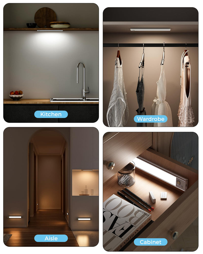 ASOKO Under Cabinet Lights Motion Sensor Light Indoor 2500mAh Rechargeable LED Closet Lights Battery Operated Under Counter Lights for Kitchen Cabinet Lighting Wireless(White,3Pack-12inch) Silver-White Light 3 Pack-12inch