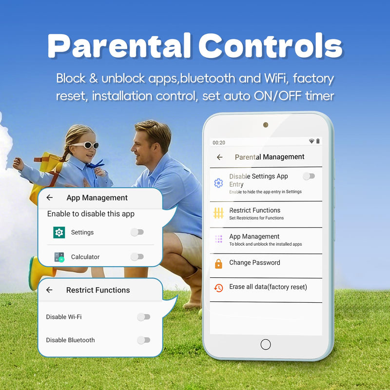 MP3 Player for Kids with Spotify, Parental Controls,Dual Camera,Audible | Audible,Amazon Music,Android Music MP4 with Bluetooth and WiFi,4" Touch Screen,Built-in speaker,No FM radio,No Browser