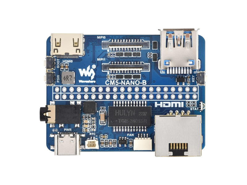 Nano Base Board for Raspberry Pi Compute Module 5 Lite/eMMC Series Board, Same Size as CM5, with CM5 Socket/40PIN GPIO Header/RJ45 Gigabit Eth/16PIN PCIe/HDMI/USB 3.2/Audio/MIPI Interface etc.