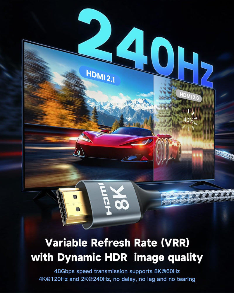 ARISKEEN 8K HDMI Cable 40FT, 48Gbps High Speed HDMI 2.1 Cable, 8K 60Hz, 4K 120Hz 144Hz Support for HDR 10, HDCP 2.2 2.3, eARC, DTS:X, Braided HDMI Cord Compatible with Laptop/HDTV/Monitor - 40 Feet 1