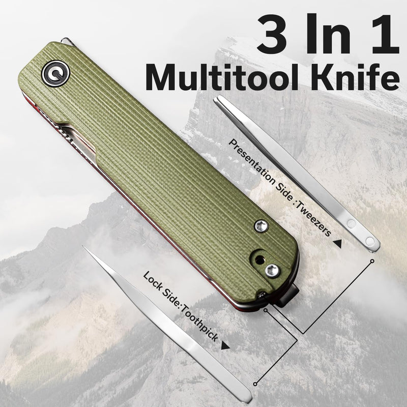 CIVIVI Sendy 3 In 1 Multitool Pocket Knife With Tweezers and Toothpick, Ben Petersen designed Folding Knife for EDC Camping Daily Use, Perfect Gifts for Men Women C21004B-1 Green/Red