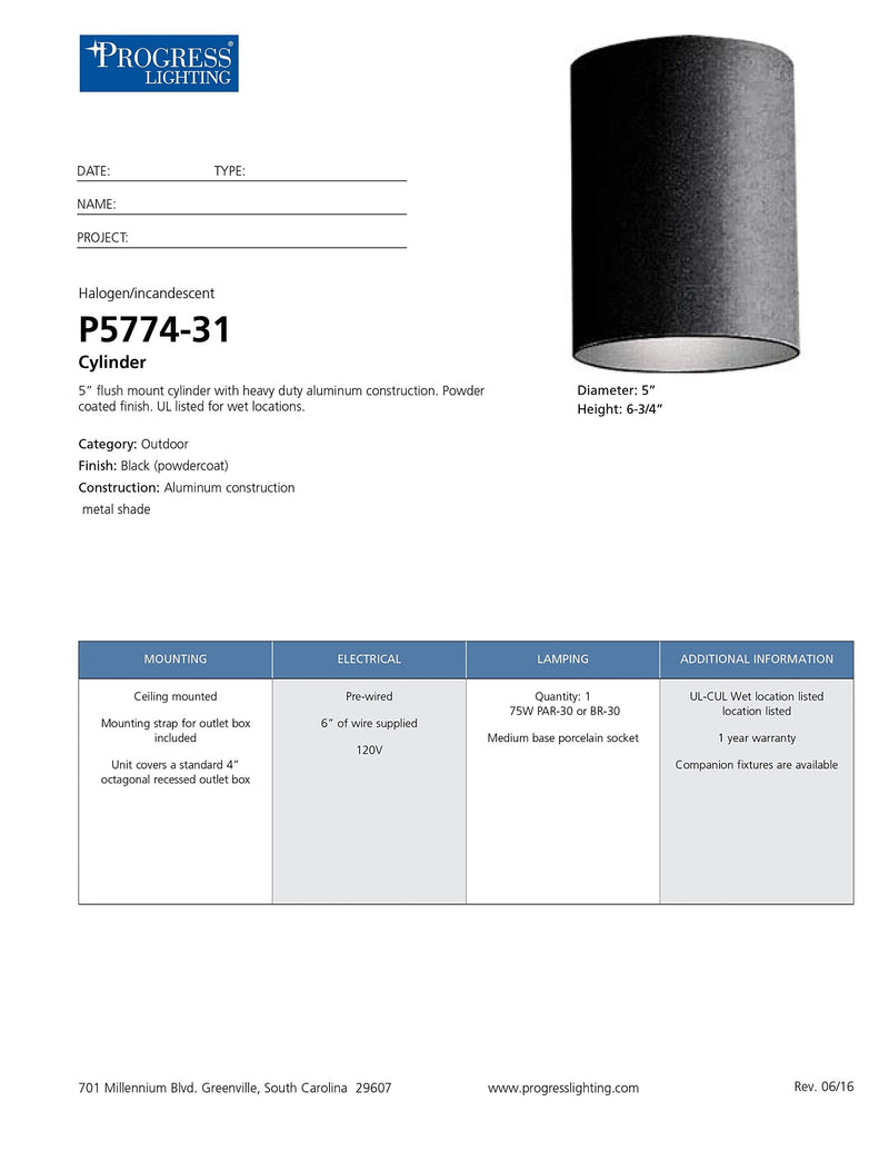 Cylinder Collection 5" Modern Outdoor Ceiling Light Black
