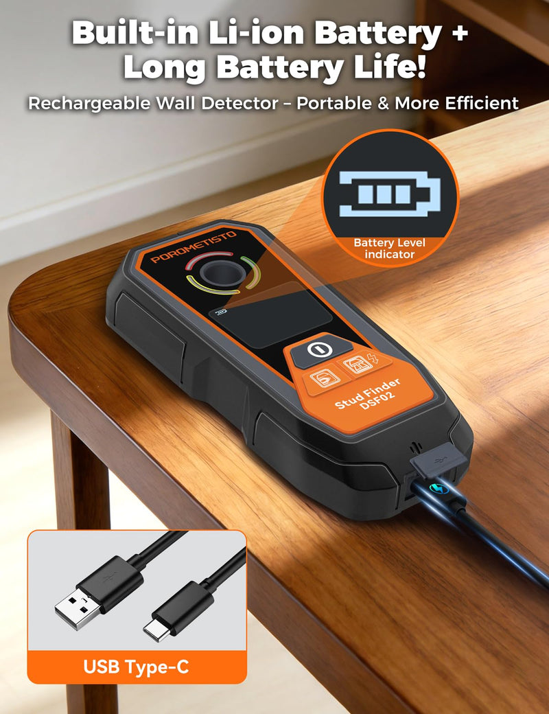 Rechargeable 6 in 1 Stud Finder Wall Scanner POROMETISTO, Positioning Hole for Pipe Wood Studs, Live Wire Detector for Electricians, Ferrous Metals Non-Ferrous Metals, Alarm Wall Detector