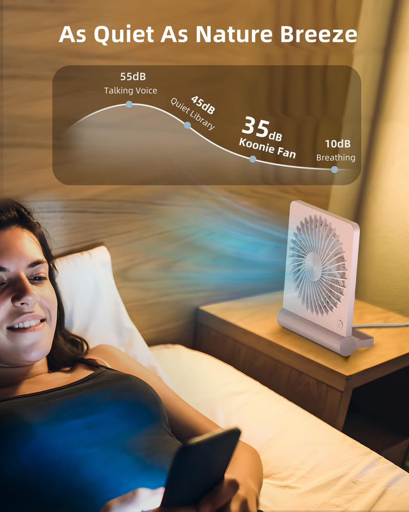 Koonie USB Fan, Strong Wind Ultra Quiet Small Desk Fan 220° Tilt Folding 3 Speeds Adjustable USB-C Powered Personal Fan for Home Office Desktop, Pink