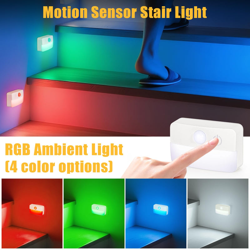16 Pack Motion Sensor Stair Lights for Indoor, Wireless RGB Battery Operated Night Light, Led Stick On Hallway Closet Under Cabinet Stairway Automatic Lamp for Bedroom Kitchen Bathroom RGB, Battery Operated 16 Pack