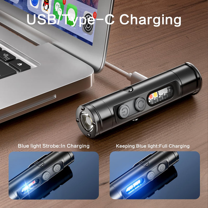 Taclite Mini – Ultimate Everyday Micro Tool K2 Mini Flashlight with COB Light, 6-in-1 Rechargeable Keychain Torch, Side Lights, Strobe, Magnet, Window Breaker, Electric Lighter – EDC Survival Tool Black
