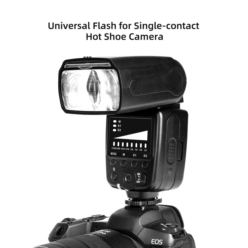 PHOTOOLEX Camera Flash Speedlite FK300, GN33, Manual S1/S2 Wireless | Universal single-contact hot shoe for Canon Nikon Sony Fujifilm Olympus. 8-level power. Metal mount