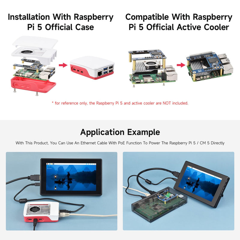 Waveshare Power Over Ethernet HAT (H), Compatible with Raspberry Pi 5 / CM 5, 5V 5A Output, Stable Performance, Supports 802.3af/at Network, Isolated Switched-Mode Power Supply, PoE HAT, Board ONLY