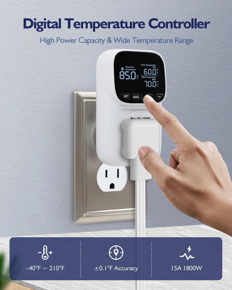 Digital Temperature Controller, Heating & Cooling Thermostat Plug Outlet, –40°F~210°F, 15A 1800W, LCD Display, Temperature Controlled Outlet for Home, Greenhouse, Chicken Coop, Reptile White