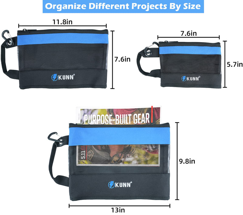 KUNN Tool Bag Zipper Pouch 3 Pack - Heavy Duty Utility Tool Storage Organizer with Carabiner for DIY,Electrician,Accessories and Travel Blue