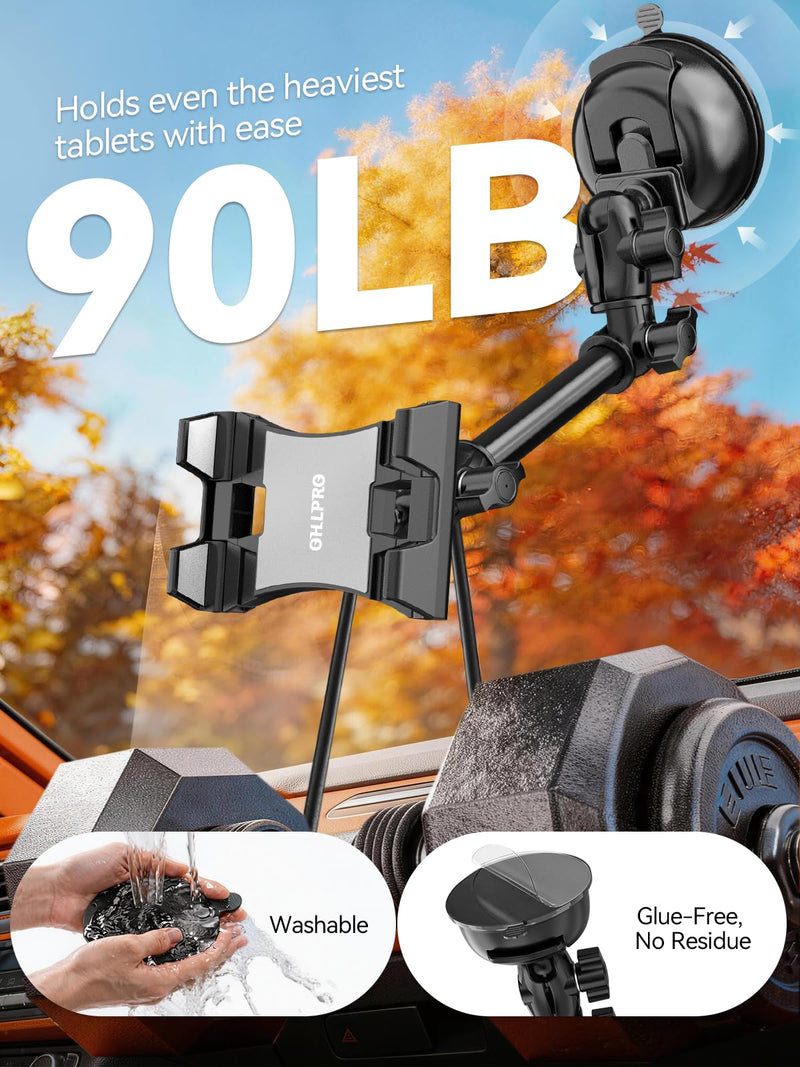 OHLPRO Heavy Duty Tablet Holder for Car Windshield, 90mm Large Suction Cup Mount, 360° Rotating Aluminum Arm iPad Holder for Truck, SUV, Semi & Boat, Fits 4.7–13" iPad Pro/Air/Mini, Galaxy Tab For 4.7-13" Device