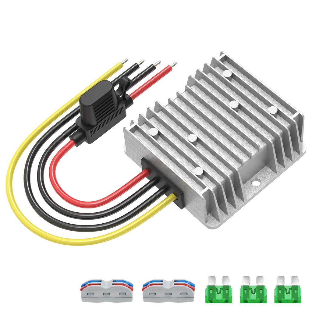 12V 20A 240W Step Down Converter, DC 17-55V to DC 12V Voltage Reducer, Voltage Regulator Transformer with Fuses Holder, Wire Terminals for Golf Cart Club Car Truck Vehicle, 14AWG Wire 12V 20A-1PC