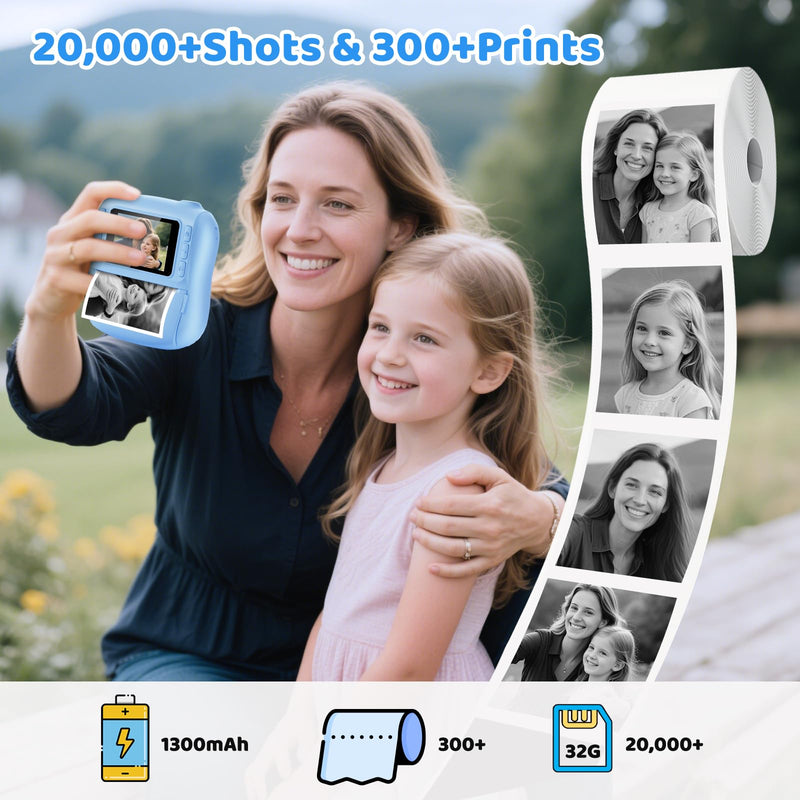 Instant Print Camera for Kids,Christmas Birthday Gifts for 3 4 5 6 7 8 9 10 11 12 Year Old Boys Girls,Toddler Digital Video Camcorder Cameras, Best 1080P HD Selfie Toy with 32GB SD Card Blue