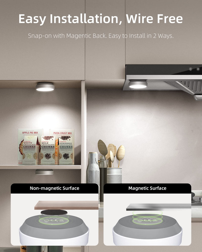EZVALO Puck Lights with Remote Control, Rechargeable LED Battery Operated, Wireless, Group Control, Dimmable Under Cabinet/ Counter Lighting Closet Light (6 Pack) 6 Pack