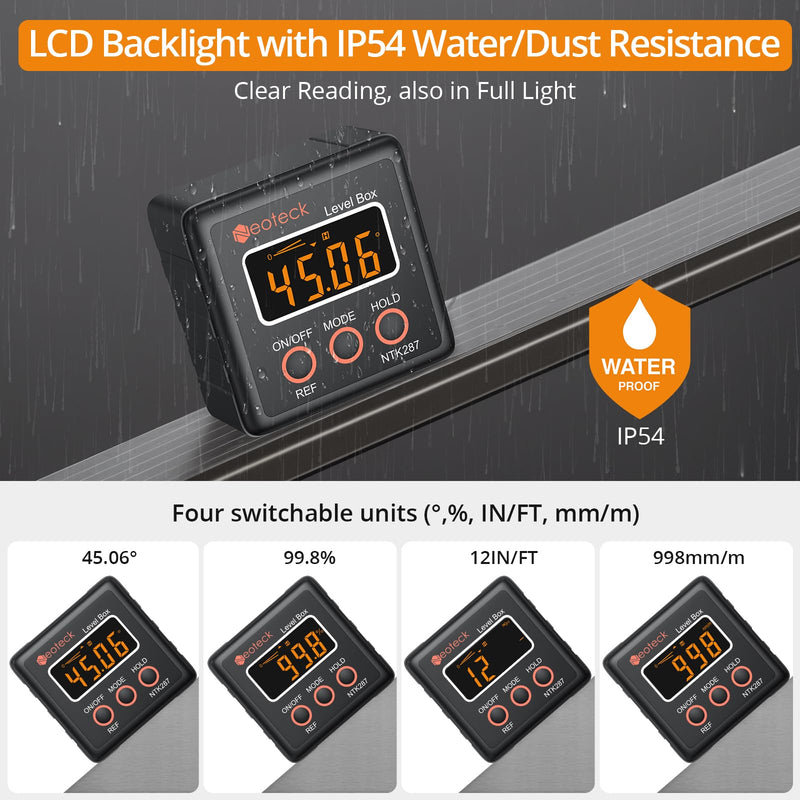 Neoteck Digital Angle Finder Digital Angle Gauge with LCD Backlight Protractor IP54 Waterproof Inclinometer Level Box for Bevel Angle of Miter Saw Automobile Test and Repair and Woodworking - Black