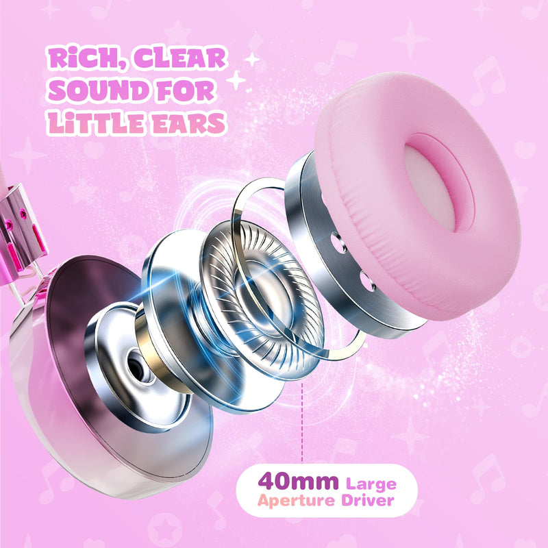 Owliwise Kids Headphones for School Travel, Safe 85/94dB Volume Limiter, HD Microphone, Over-Ear Foldable Headphones for Kids, Boys Girls, 3.5mm Wired for iPad Cord Tablet Computer, Aura Series Pink