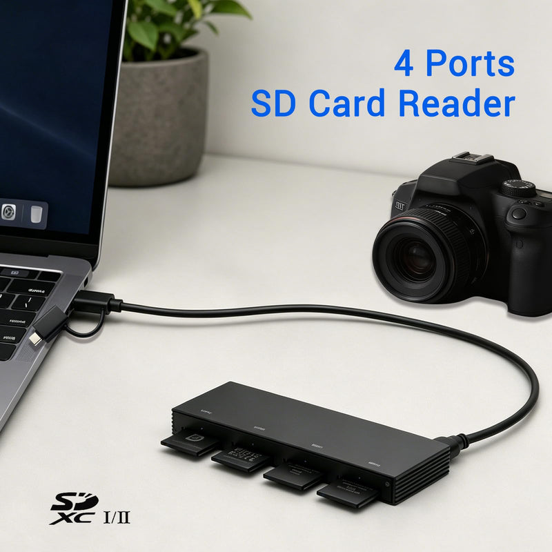 4-in-1 SD Card Reader, Memory Card Adapter with USB-C & USB-A Ports Cable, Simultaneous Read 4 Cards, SD Card Reader for Photographers and Content Creators 4SD