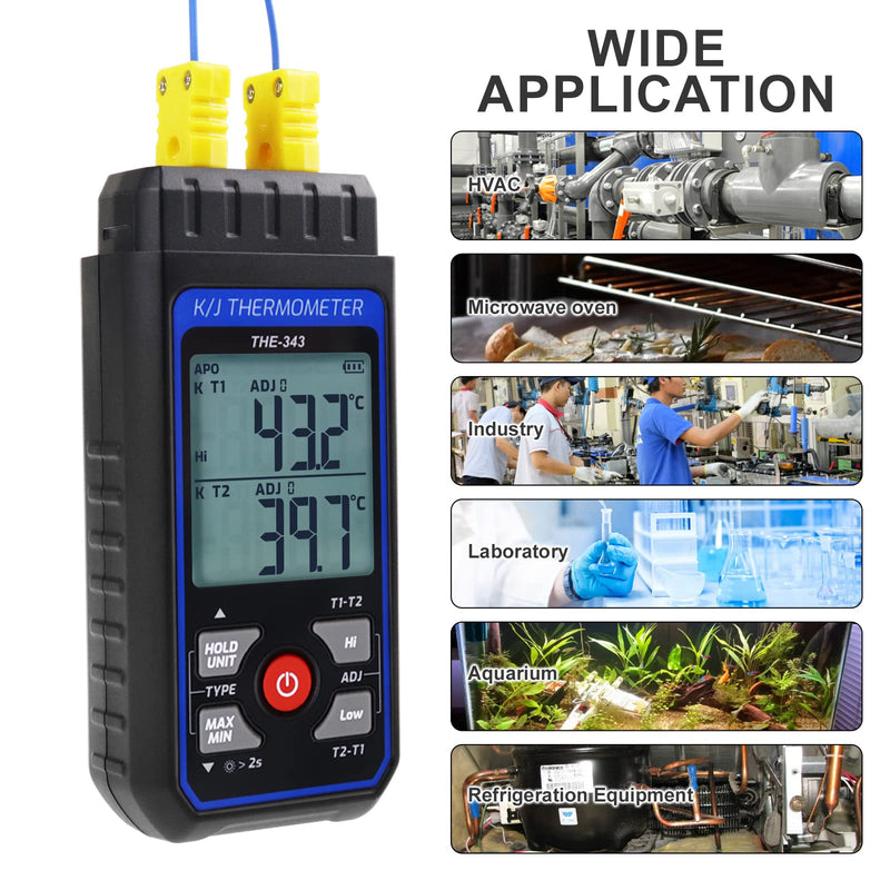 Thermocouple Thermometer Digital K Type Thermometer with 4 Thermocouples, -328~2500℉ Measuring Range HVAC Dual Channels Temperature Meter Gauge with LED Backlight & ADJ Compensation Black