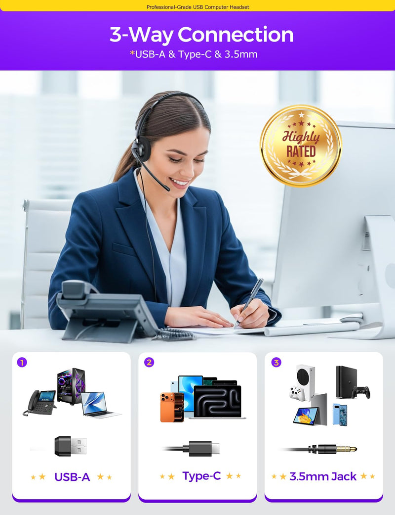 USB Headset with Microphone for PC, Computer Headset with Microphone | Wired Headset with Mic for Work Laptop Call Center, Works with Teams, Zoom & Google Meet Deep Black