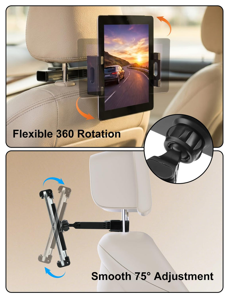 YUGUANG Tablet Holder for Car, Triangle Extension Arm Anti-Shake 360° Rotation Road Trip Essentials Back Seat Headrest Tablet Car Mount Compatible with iPad Pro, Air, Mini, 4.7-11" Devices