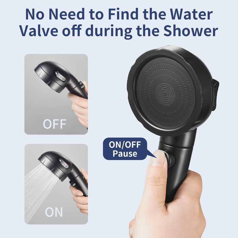 HANLIAN High Pressure Shower Head with Pause Button, 3 Spray Modes Shower Head for RV Camper, Water Saving On Off Shower, Handheld Shower Head with Hose and Adjustable Self-adhesive Holder (Black) Black