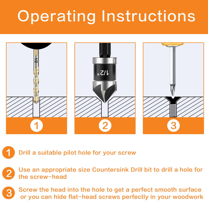 5 Pcs Countersink Drill Bit Set, Industrial Grade M2 High-Speed Steel, 82 Degree, 5 Flute with 1/4” Quick Change Hex Shank, 1/4" to 3/4" Size for Metal, Wood & Plastic - Includes Durable Case 1/4"- 3/4" M2 HSS