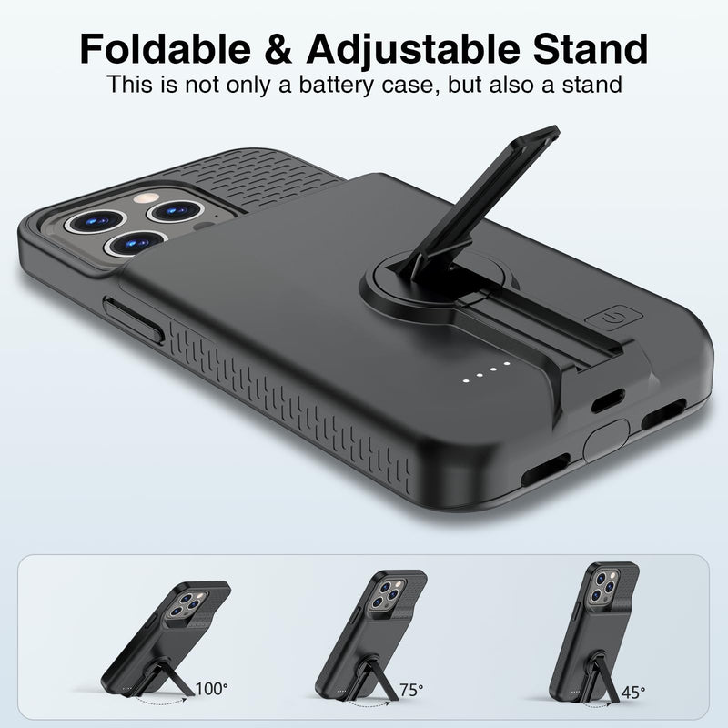 GIN FOXI Battery Case for iPhone 14 Pro Max/14 Plus/13 Pro Max/12 Pro Max, Rechargable Charging Case with Stand 8500mAh Portable Extended Case Cover for 14 Pro Max,14Plus,13/12Pro Max Black for 14px/13px/12px