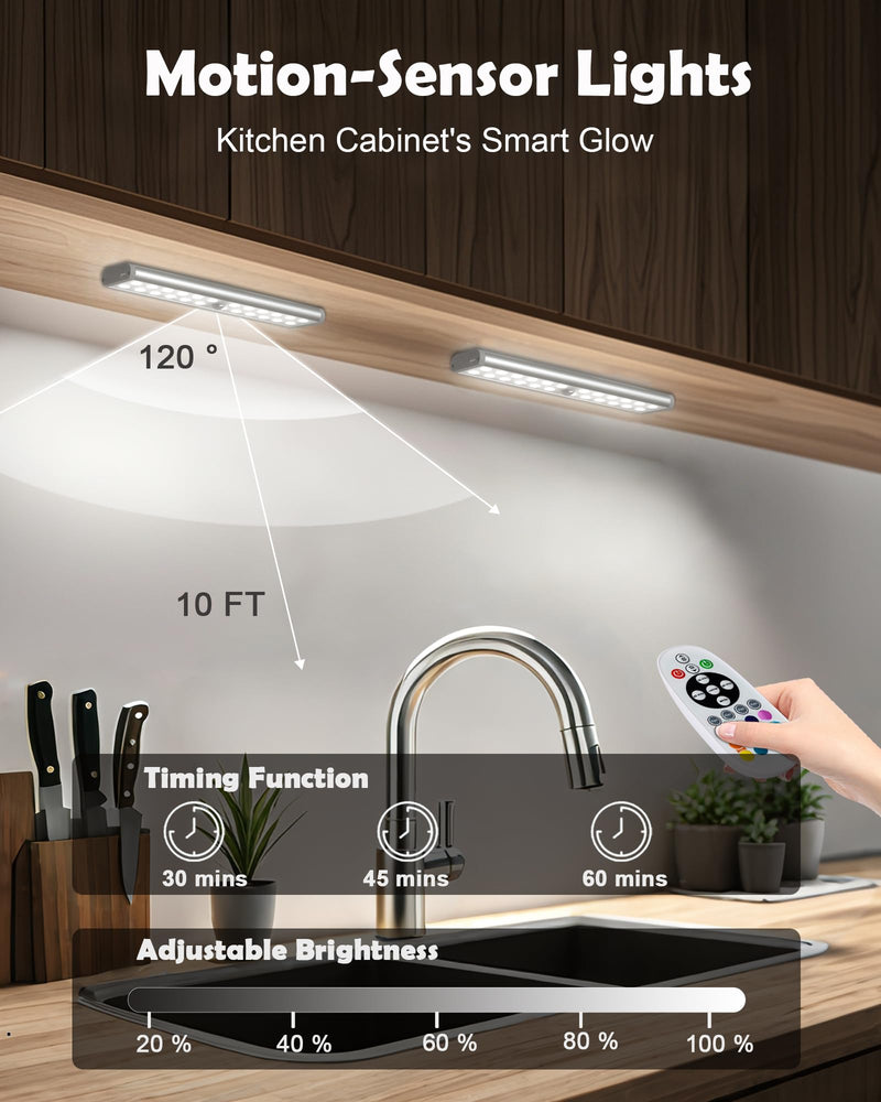 SZOKLED 58-LED Under Cabinet Lighting Wireless, RGB Motion Sensor Night Lights with Remote, 1100mAh Magnetic Under Cabinet Lights for Kitchen, Shelf, Stair, 15 Color (4 Pcs) Rechargeable / 4 Pack