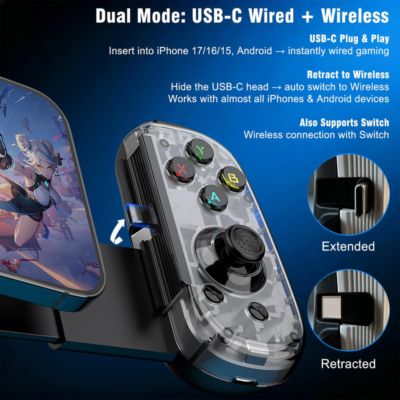Joso Mobile Game Controller with USB-C Plug & Play, Wireless & Wired Gamepad for iPhone/Android & Switch with Hall Effect Joysticks/Dual Vibration/Turbo, Supports Cloud Gaming & Streaming (Black) Black