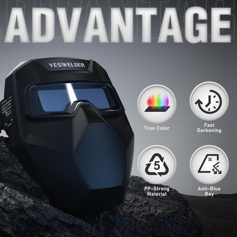 YESWELDER True Color Auto Darkening Welding Goggles, Wide Shade Range 4/5-9/9-13 with Grinding, Welding Glasses Welder Mask Welding Helmet for TIG MIG ARC Plasma Cut Black