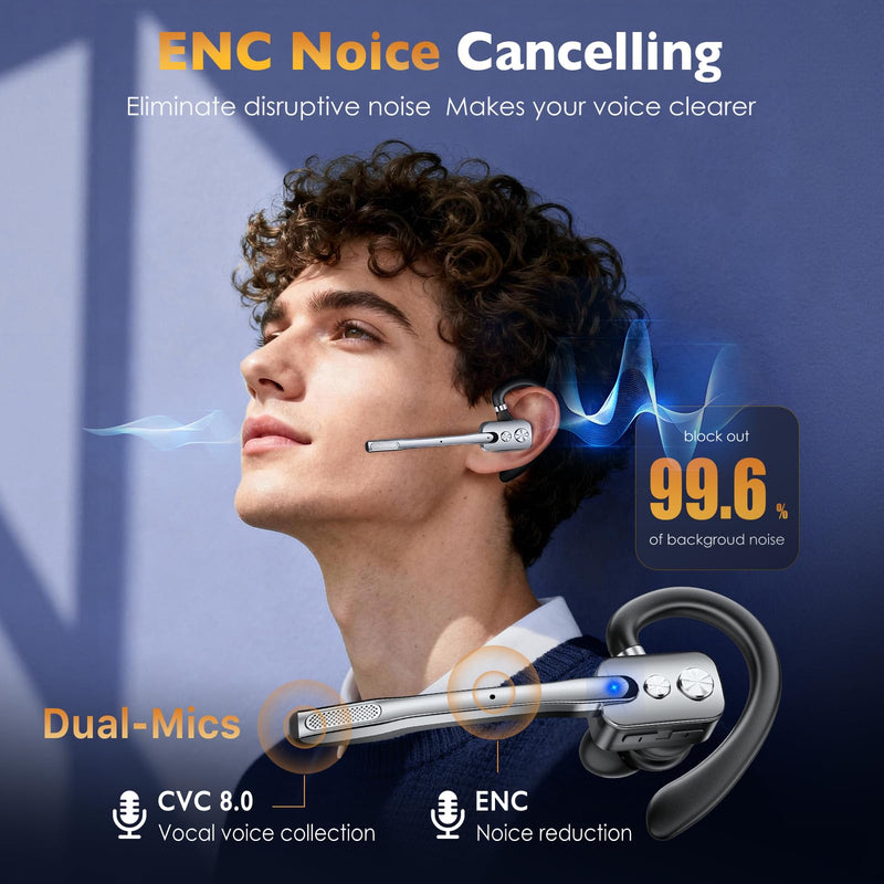 Bluetooth Headset, Wireless Headset with Dual-Mics & Noise Cancelling, Bluetooth Earpiece with Mute, V5.3 Hands-Free Headset with QCC Chip for Phone PC iOS Android