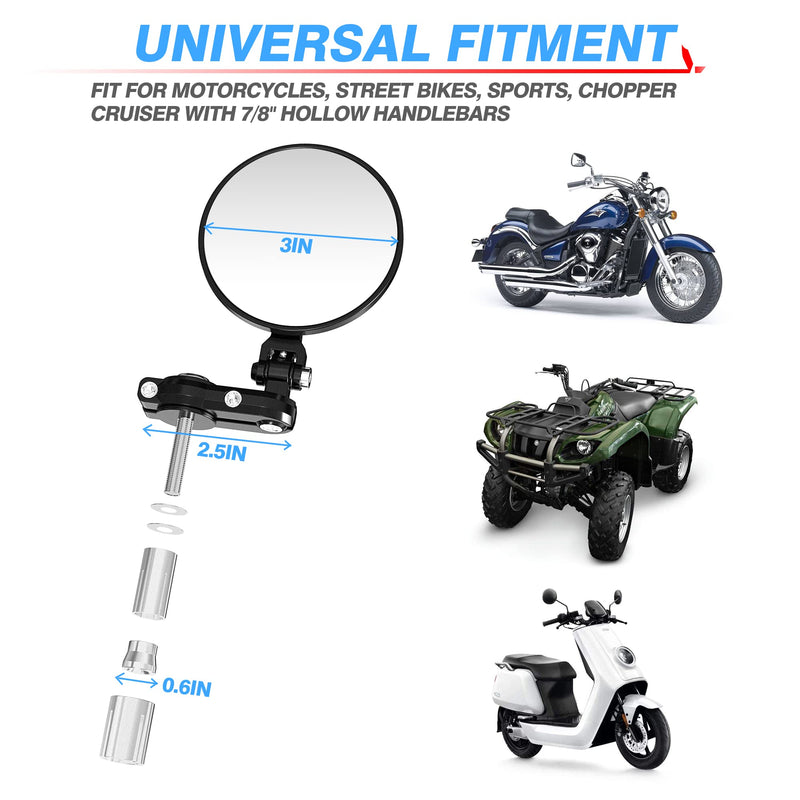 MICTUNING Universal Motorcycle Mirrors - 3 Inch Round Folding Bar End Side Mirror Compatible with Honda, Scooter, Suzuki, Yamaha, Kawasaki, Victory and More Black