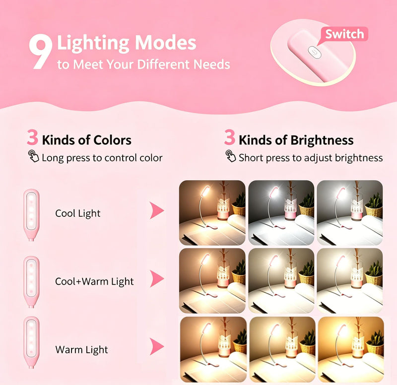 Book Light, Rechargeable Reading Light 7 LED Easy Clip on Reading Lamp, 3 Color Temperature, Clip on Reading Lights for Books in Bed，Portable Task Lamp (Pink) Pink