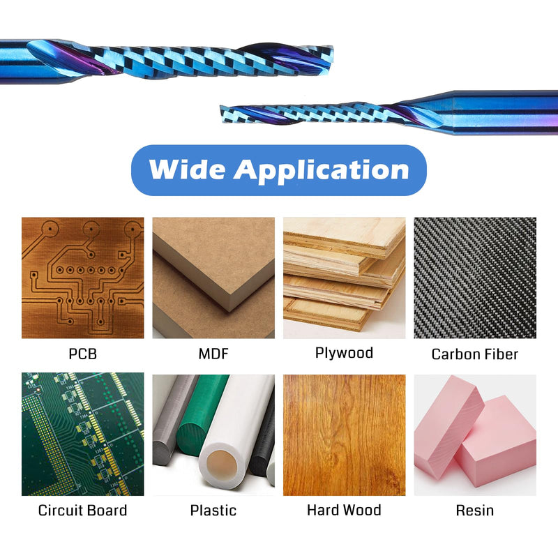 Genmitsu 1/8 Inch Shank 10pcs Carbide Spiral O Flute (Single Flute) End Mill CNC Router Bits, Solid Nano Blue Coat, for Woodworking Cutting Carving Wood Acrylic PVC PCB MDF, OS10A 1/8" Shank O-Flute 10pcs