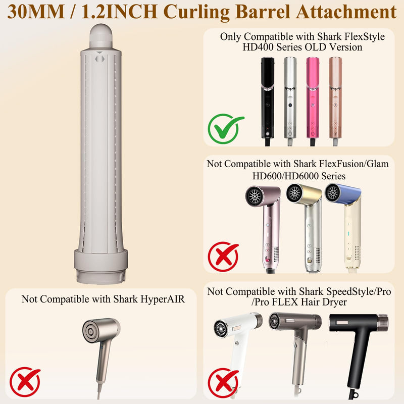  [AUSTRALIA] - 30mm/ 1.2-Inch Long Curling Barrel for Shark Flex Style Attachments | Long Hair Curling Roller, Compatible with Shark FlexStyle HD400 Series, Hair Curler Attachment for Tight Defined Curls 30MM
