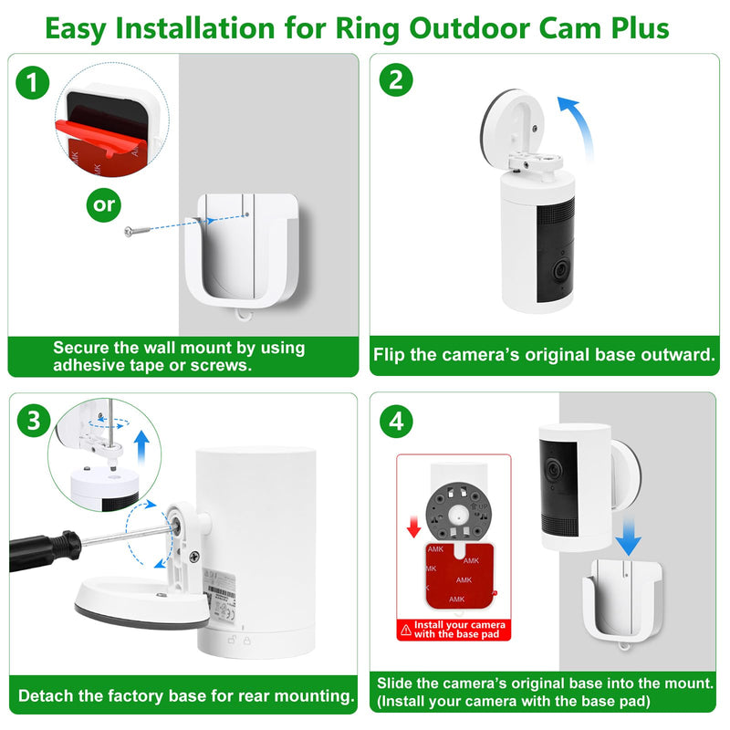 3 Pack No Drill Camera Mount for Ring Outdoor Cam Plus, Easy Installation Mounting Camera Holder with Strong Adhesive Tape or Screws, White Wall Mount for Ring Outdoor Camera