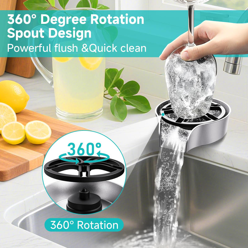 Glass Rinser for Kitchen Sink, High Pressure 360 Degree Rotating Spout Glass Rinser with Pull-out Spray Gun Design, Glass Cup Cleaner Sink Attachment Washer Baby Bottle, Glass Cup, Wine Glass (Silver) Silver