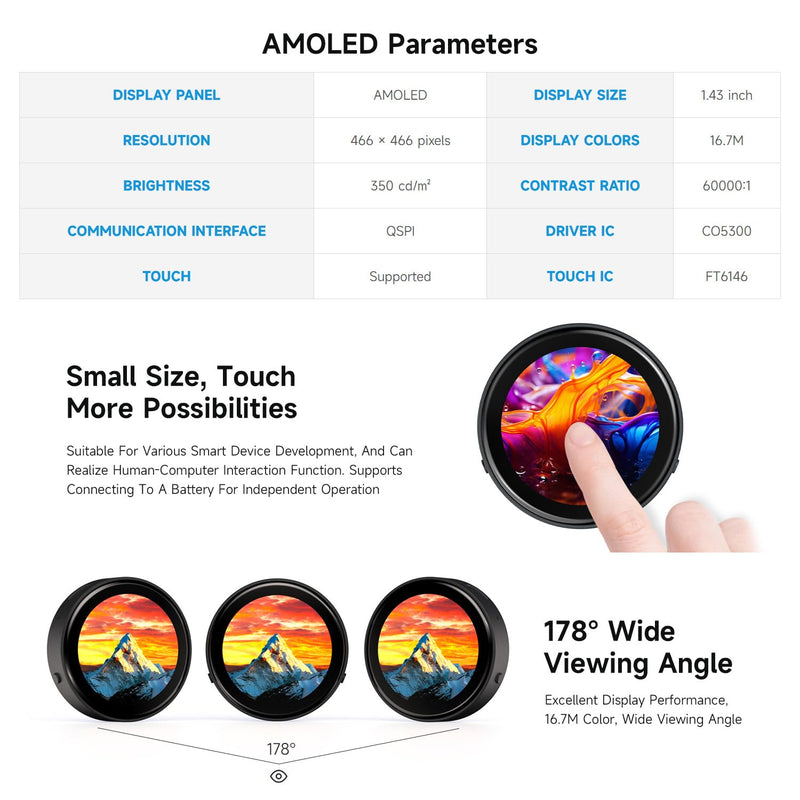 Waveshare ESP32-C6 1.43inch AMOLED Touch Round Display Development Board, 466×466 Pixels, 160MHz RISC-V Processor, QSPI Interface, Dual Digital Microphone Array, with Enclosure